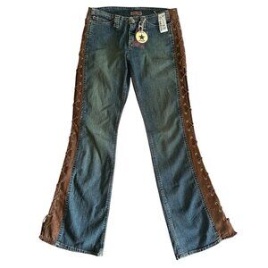 VTG Jou Jou Y2K Flared Lace Up Denim Jeans Womens Size 7/8 Suede Boho Cowgirl